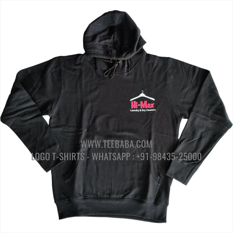 Hoodie With Pocket - 100% Cotton - 300 GSM Fleece Fabric - Logo Digital Print - Black - Hi Max Laundry Dry Cleaners