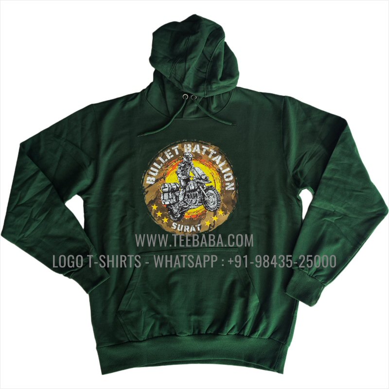Hoodie With Pocket - 100% Cotton - 300 GSM Fleece Fabric - Logo Digital Print - Bottle Green - Bullet Battalion