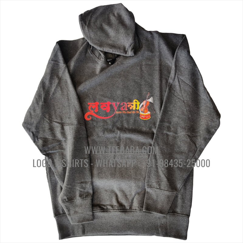 Hoodie With Pocket - 100% Cotton - 300 GSM Fleece Fabric - Logo Digital Print - Charcoal Melange
