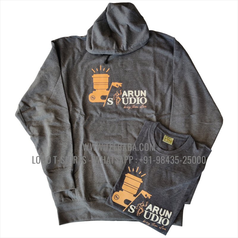 Hoodie With Pocket - 100% Cotton - 300 GSM Fleece Fabric - Logo Digital Print - Charcoal Melange - Arun Studio
