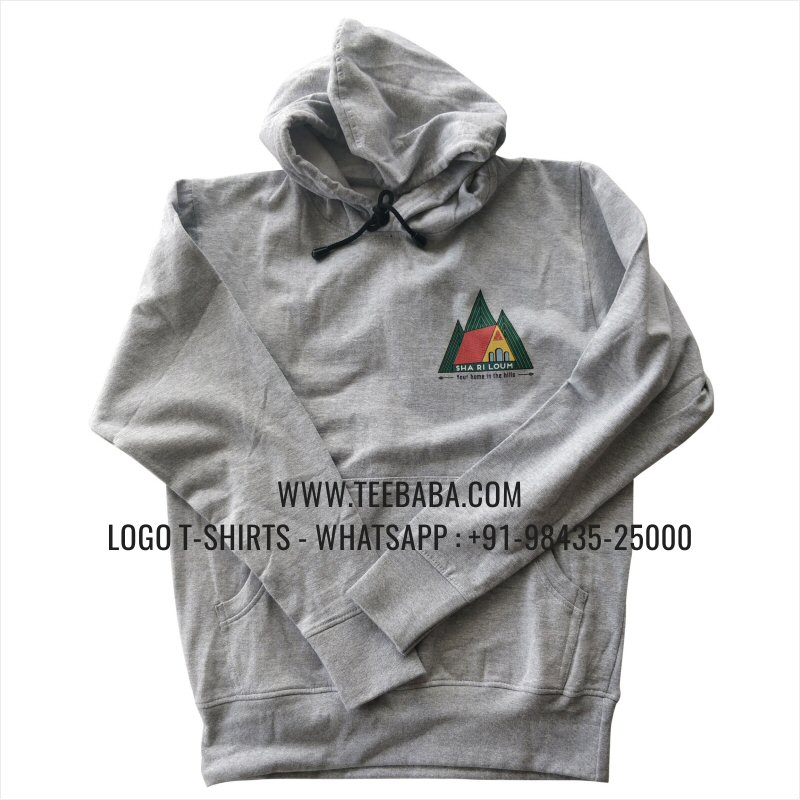 Hoodie With Pocket - 100% Cotton - 300 GSM Fleece Fabric - Logo Digital Print - Grey Melange - Sha Ri Loum