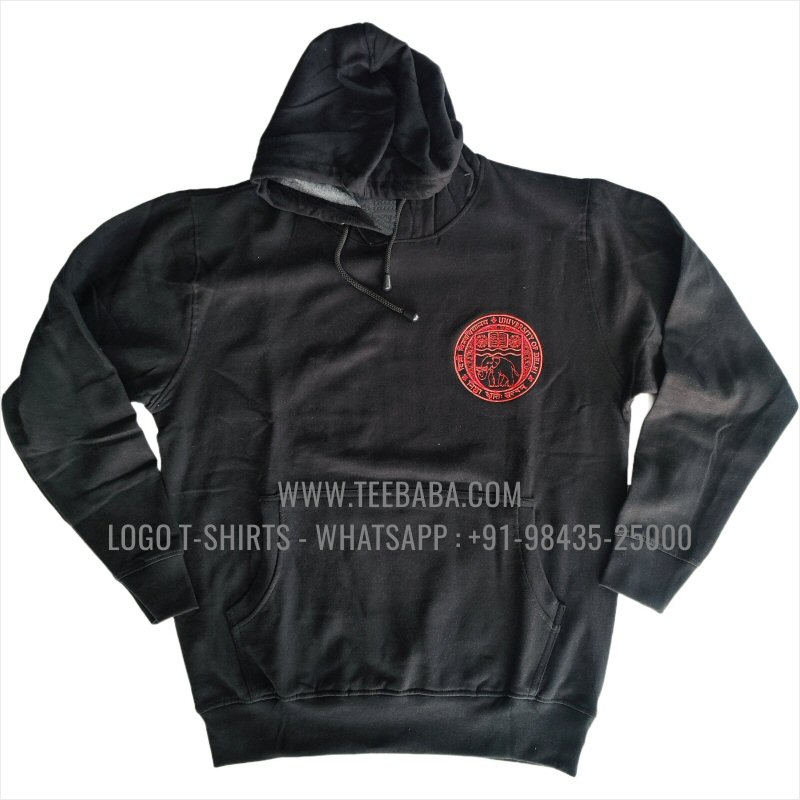 Hoodie With Pocket - 100% Cotton - 300 GSM Fleece Fabric - Logo Embroidery - Black - University Of Delhi