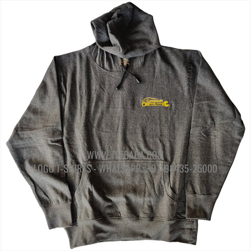 Hoodie With Pocket - 100% Cotton - 300 GSM Fleece Fabric - Logo Embroidery - Charcoal Melange - Choudhary Auto Repair