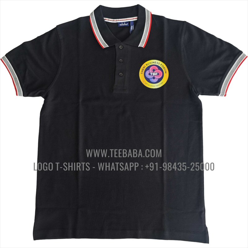 Jacquard Collar Polo T-Shirt - 100% Cotton - 240 GSM Thick Pique Airtex Fabric - Logo Print - Black - Theni Business Forum