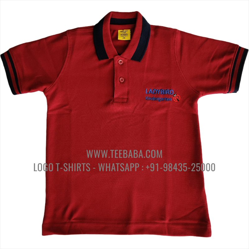 Kids Collar Polo T-Shirt - 100% Cotton - 240 GSM Thick Pique Airtex Fabric - Logo Embroidery - Maroon - Ladybird Kindergarten