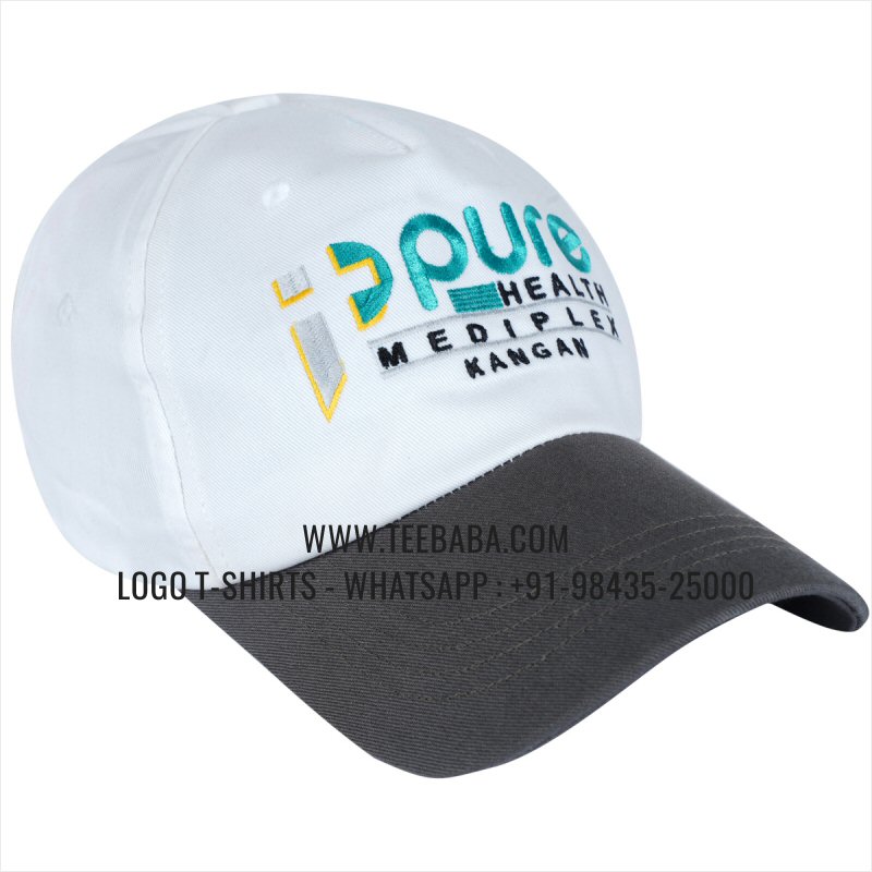 Logo Caps - Premium Quality Caps - 100% Cotton - Twill Fabric - White - Logo Embroidery - Pure Health