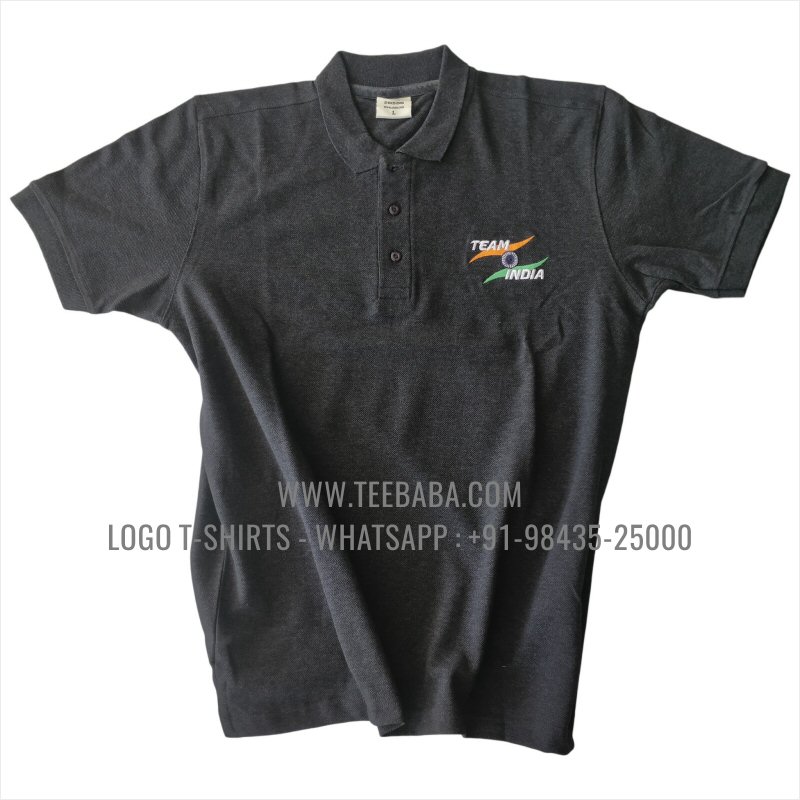 Logo Embroidery Collar Polo T-Shirt - 100% Cotton - 240 GSM Thick Pique Airtex Fabric - Anthracite Melange - Team India