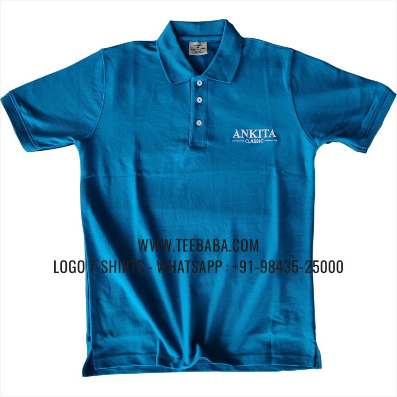 Logo Embroidery Collar Polo T-Shirt - 100% Cotton - 240 GSM Thick Pique Airtex Fabric - Back Print - Turquoise Blue - Ankita Restaurant