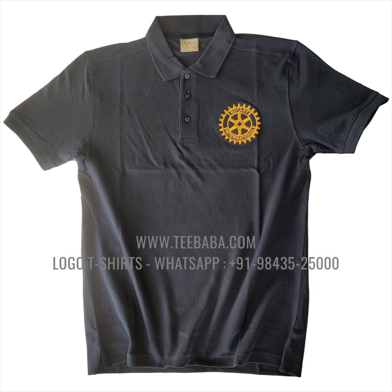 Logo Embroidery Collar Polo T-Shirt - 100% Cotton - 240 GSM Thick Pique Airtex Fabric - Black - Rotary Club
