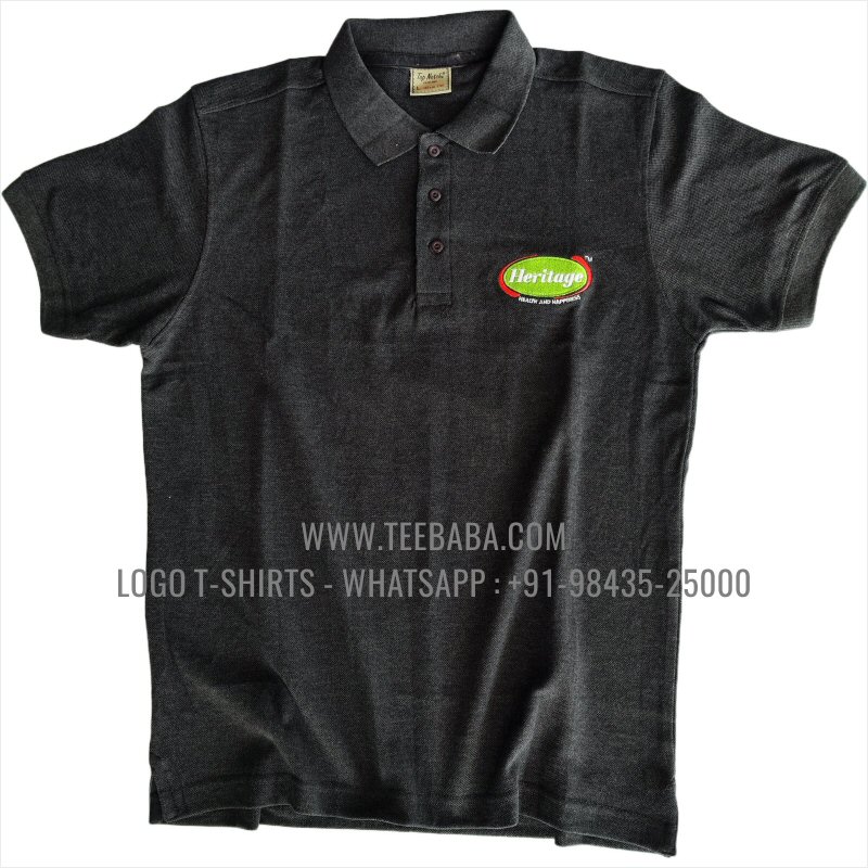 Logo Embroidery Collar Polo T-Shirt - 100% Cotton - 240 GSM Thick Pique Airtex Fabric - Charcoal Melange - Heritage Foods