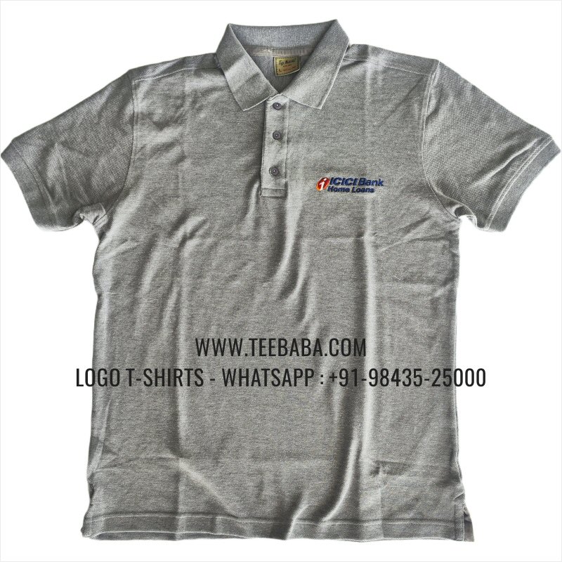 Logo Embroidery Collar Polo T-Shirt - 100% Cotton - 240 GSM Thick Pique Airtex Fabric - Grey Melange - ICICI Bank