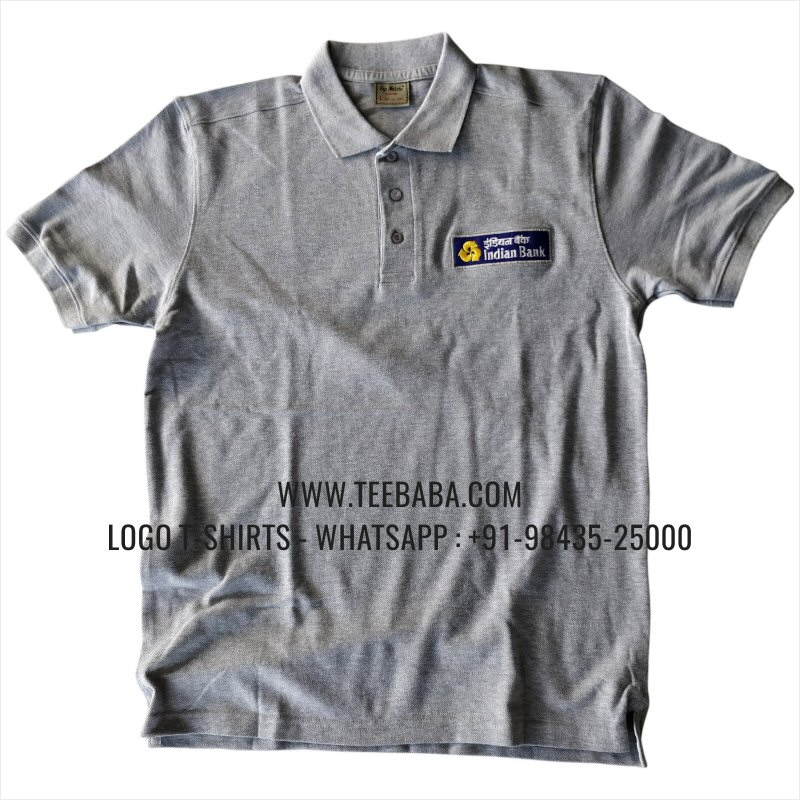 Logo Embroidery Collar Polo T-Shirt - 100% Cotton - 240 GSM Thick Pique Airtex Fabric - Grey Melange - Indian Bank