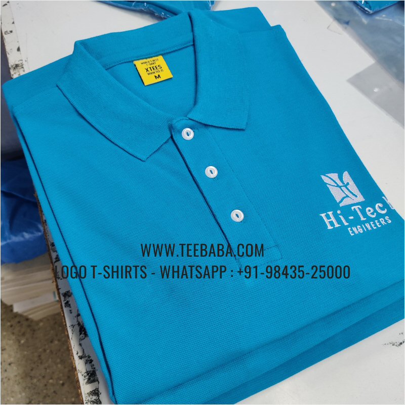 Logo Embroidery Collar Polo T-Shirt - 100% Cotton - 240 GSM Thick Pique Airtex Fabric - Turquoise Blue - Hi Tech Engineers
