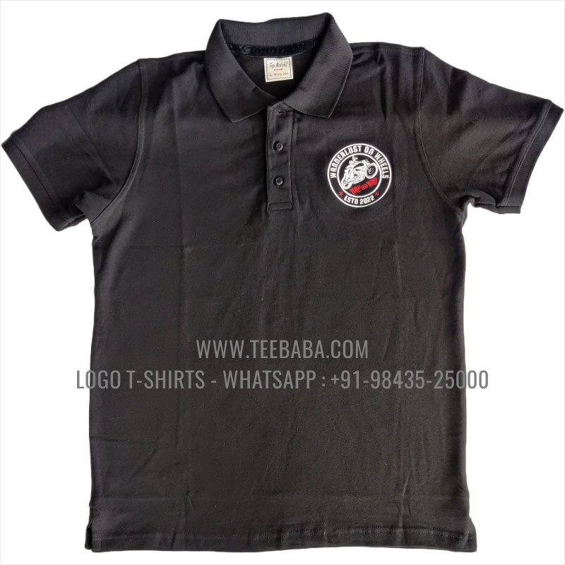 Logo Embroidery Collar Polo T-Shirt - 100% Cotton - 280 GSM Thick Pique 2 Ply Fabric - Black - Wanderlust Bikers Club