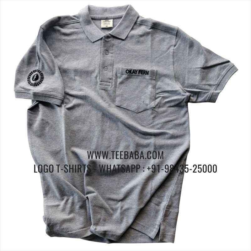 Logo Embroidery Collar Polo T-Shirt - Pocket - 100% Cotton - 240 GSM Thick Pique Airtex Fabric - Grey Melange - Okay Fern