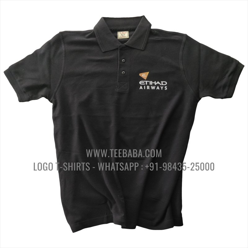 Logo Printed Collar Polo T-Shirt - 100% Cotton - 200 GSM Thick Pique Fabric - Black - Etihad Airways