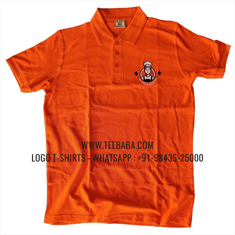 Logo Printed Collar Polo T-Shirt - 100% Cotton - 200 GSM Thick Pique Fabric - Orange - Frizzle