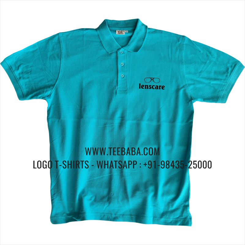 Logo Printed Collar Polo T-Shirt - 100% Cotton - 240 GSM Thick Pique Airtex Fabric - Aqua Blue - Lenscare