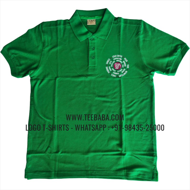 Logo Printed Collar Polo T-Shirt - 100% Cotton - 240 GSM Thick Pique Airtex Fabric - Black - Cafe And Byte - Flag Green - Gup Shup Cafe