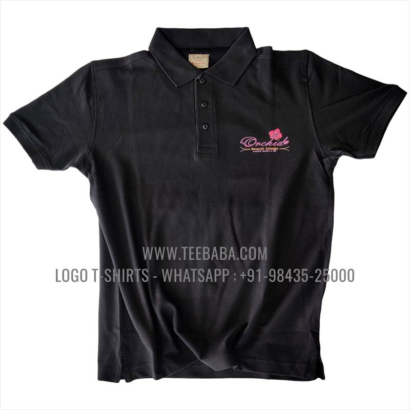 Logo Printed Collar Polo T-Shirt - 100% Cotton - 240 GSM Thick Pique Airtex Fabric - Black - Orchid Beauty Lounge