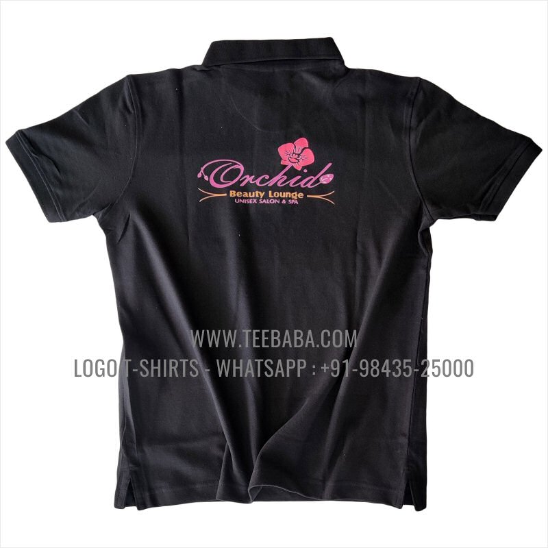 Logo Printed Collar Polo T-Shirt - 100% Cotton - 240 GSM Thick Pique Airtex Fabric - Black - Orchid Beauty Lounge