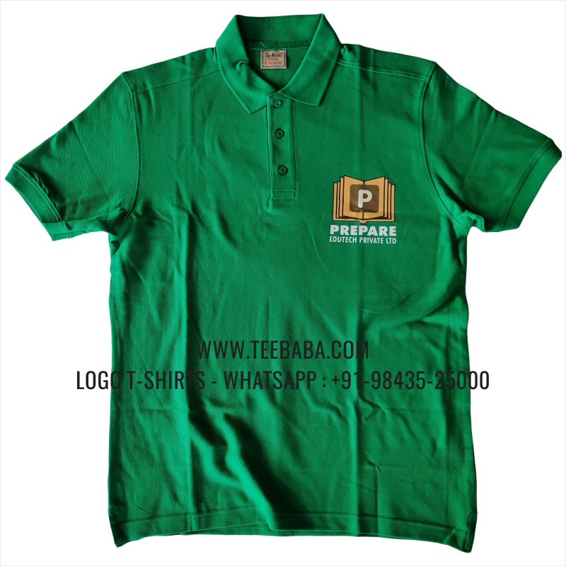 Logo Printed Collar Polo T-Shirt - 100% Cotton - 240 GSM Thick Pique Airtex Fabric - Flag Green - Prepare Edutech