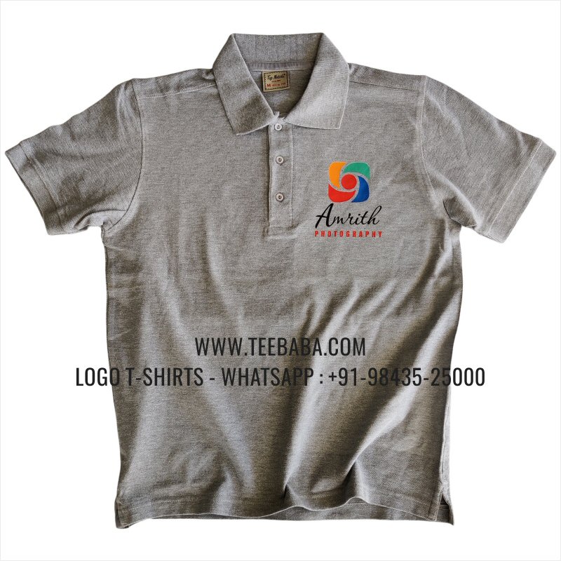 Logo Printed Collar Polo T-Shirt - 100% Cotton - 240 GSM Thick Pique Airtex Fabric - Grey Melange - Amrith Photography