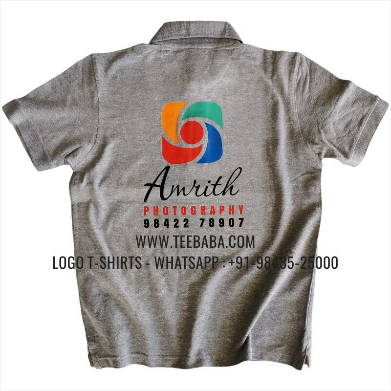 Logo Printed Collar Polo T-Shirt - 100% Cotton - 240 GSM Thick Pique Airtex Fabric - Grey Melange - Amrith Photography