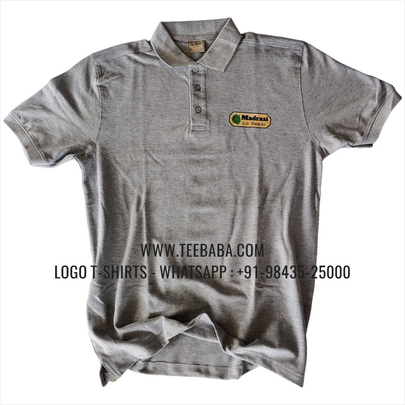 Logo Printed Collar Polo T-Shirt - 100% Cotton - 240 GSM Thick Pique Airtex Fabric - Grey Melange - Madras Ice Beeda