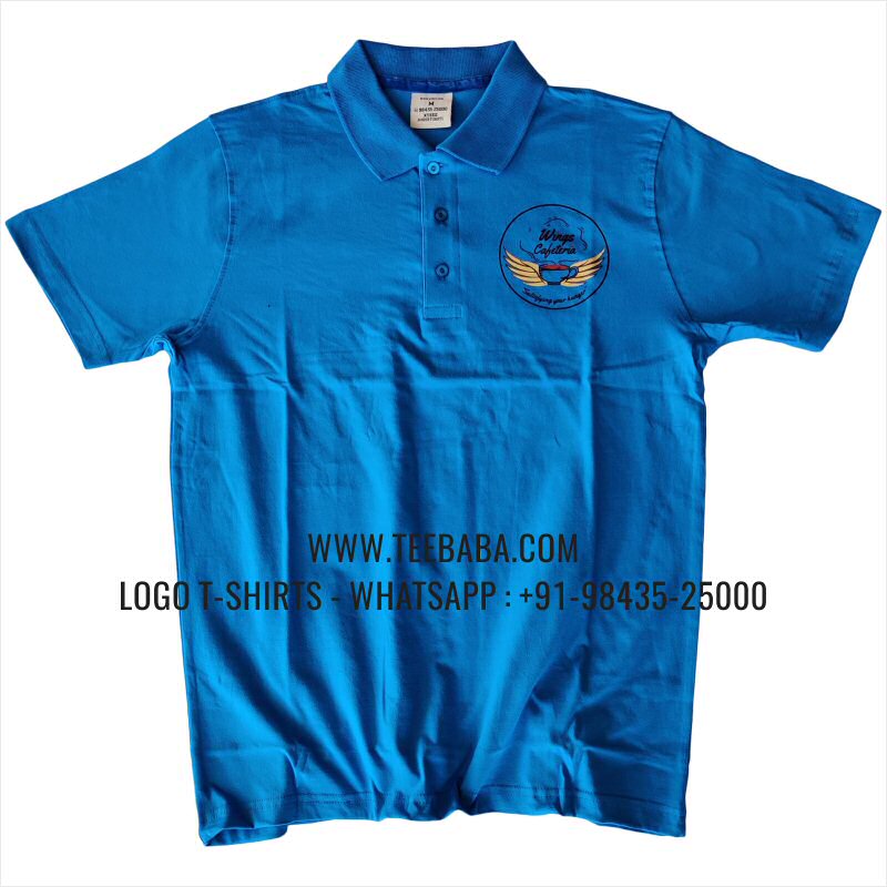Logo Printed Collar Polo T-Shirt - 100% Cotton - 240 GSM Thick Pique Airtex Fabric - India Blue - Wings Cafetaria