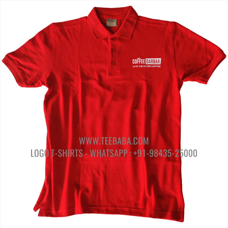 Logo Printed Collar Polo T-Shirt - 100% Cotton - 240 GSM Thick Pique Airtex Fabric - Red - Coffee Darbar