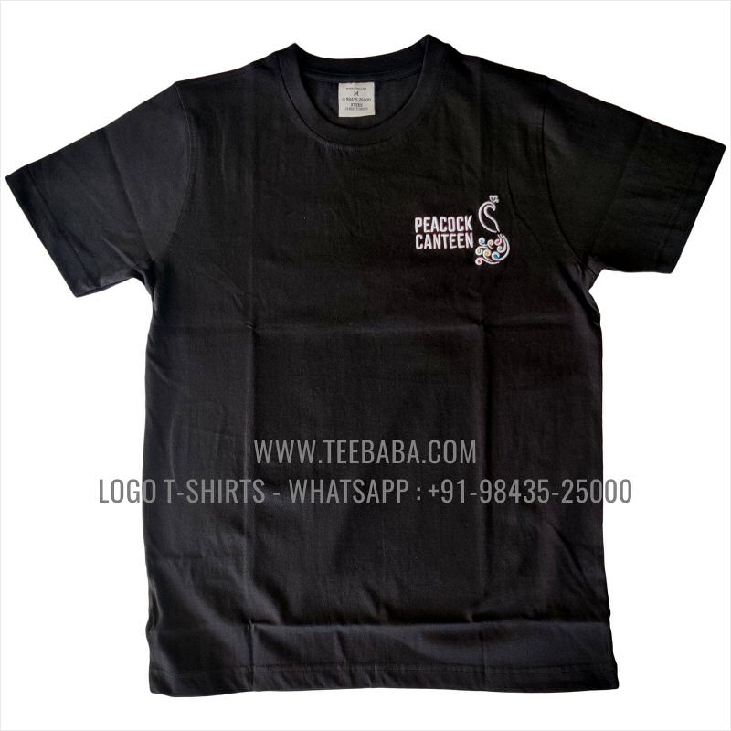 Round Neck T-Shirt - 100% Cotton - 180 GSM Bio Washed Fine Single Jersey Fabric - Logo Embroidery Print - Black - Peacock Canteen