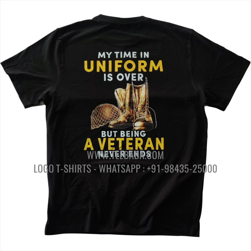 Round Neck T-Shirt - 100% Cotton - 180 GSM Bio Washed Fine Single Jersey Fabric - Logo Print - Black - India Military