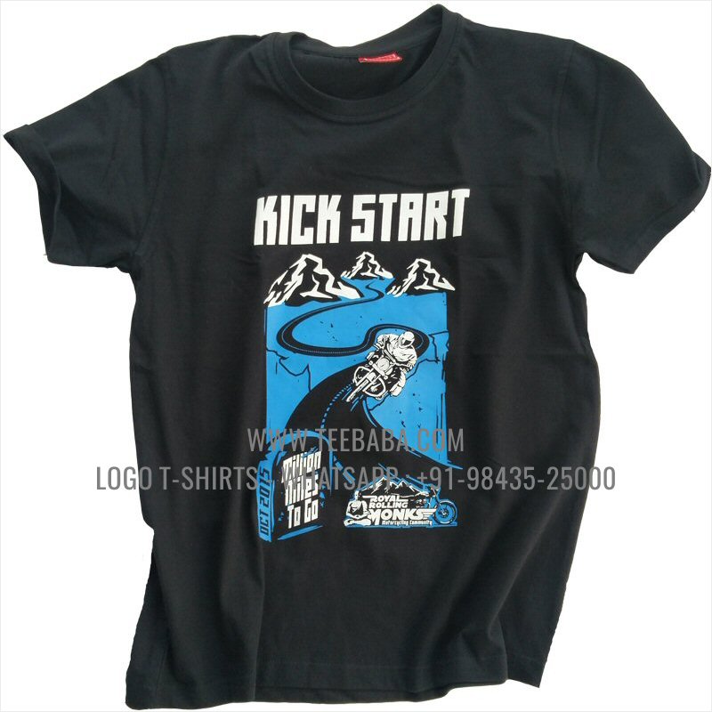 Round Neck T-Shirt - 100% Cotton - 180 GSM Bio Washed Fine Single Jersey Fabric - Logo Print - Black - Kick Start Bikers Club
