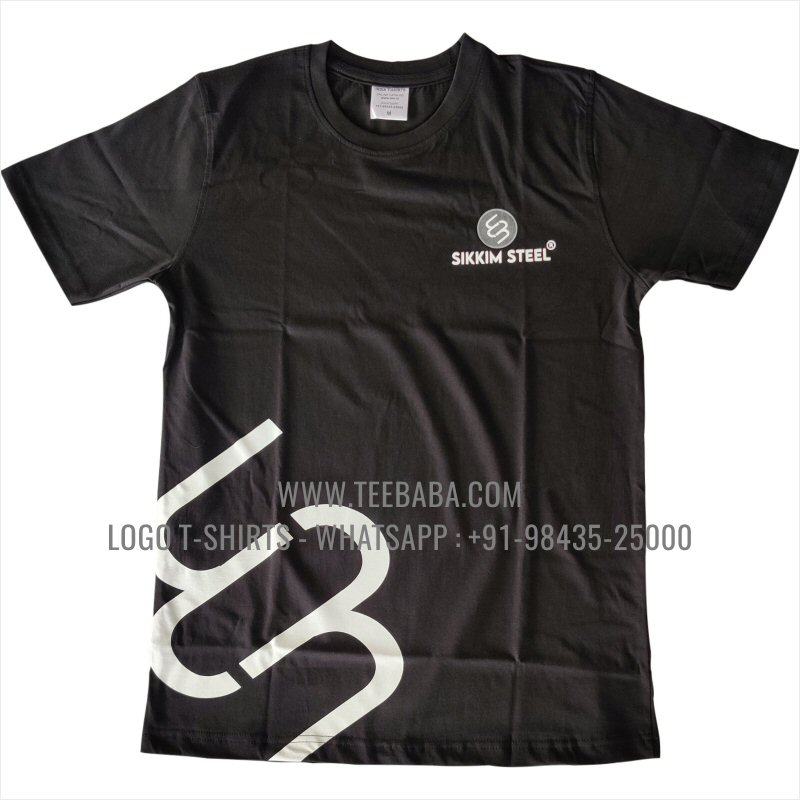 Round Neck T-Shirt - 100% Cotton - 180 GSM Bio Washed Fine Single Jersey Fabric - Logo Print - Black - Sikkim Steel