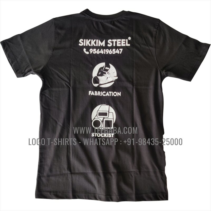 Round Neck T-Shirt - 100% Cotton - 180 GSM Bio Washed Fine Single Jersey Fabric - Logo Print - Black - Sikkim Steel