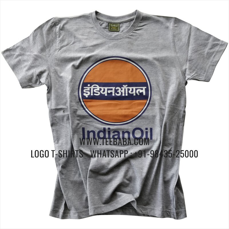 Round Neck T-Shirt - 100% Cotton - 180 GSM Bio Washed Fine Single Jersey Fabric - Logo Print - Grey Melange - Indian Oil