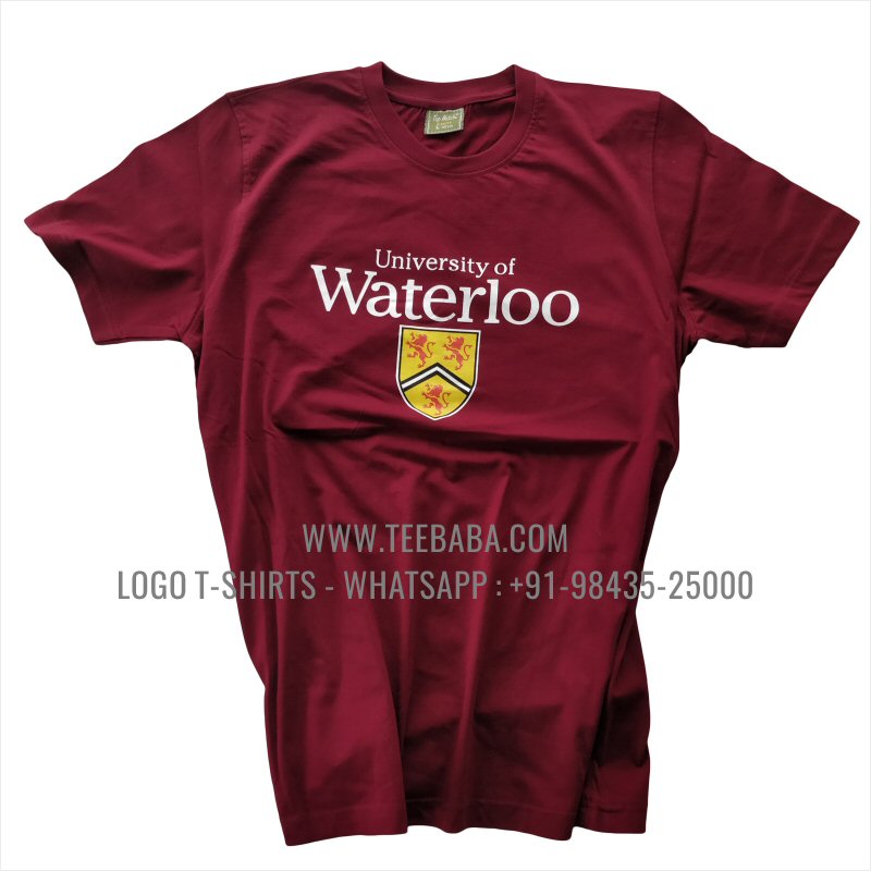 Round Neck T-Shirt - 100% Cotton - 180 GSM Bio Washed Fine Single Jersey Fabric - Logo Print - Maroon - Univesity Of Waterloo