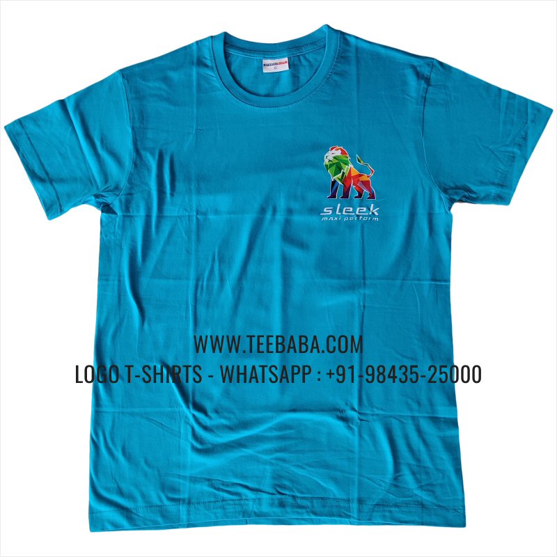 Round Neck T-Shirt - 100% Cotton - 180 GSM Fine Single Jersey Fabric - Logo Digital Print - Turquoise Blue - Sleek Lubricants