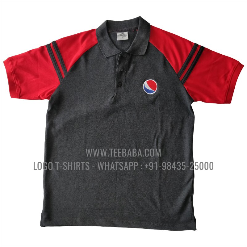 Sleeve Color Block Collar Polo T-Shirt - 100% Cotton - 240 GSM Thick Pique Airtex Fabric - Logo Embroidery - Charcoal Melange - Pepsi