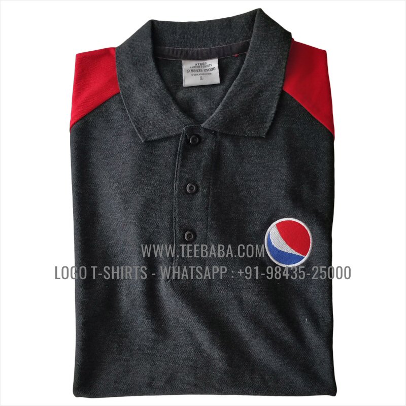 Sleeve Color Block Collar Polo T-Shirt - 100% Cotton - 240 GSM Thick Pique Airtex Fabric - Logo Embroidery - Charcoal Melange - Pepsi