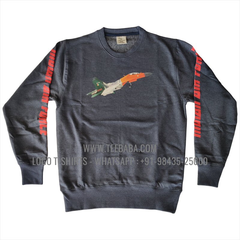 Sweatshirt - 100% Cotton - 300 GSM Fleece Fabric - Logo Digital Print - Navy Melange - Indian Air Force