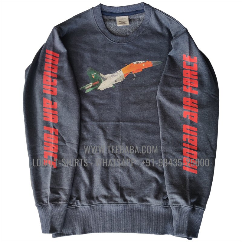 Sweatshirt - 100% Cotton - 300 GSM Fleece Fabric - Logo Digital Print - Navy Melange - Indian Air Force
