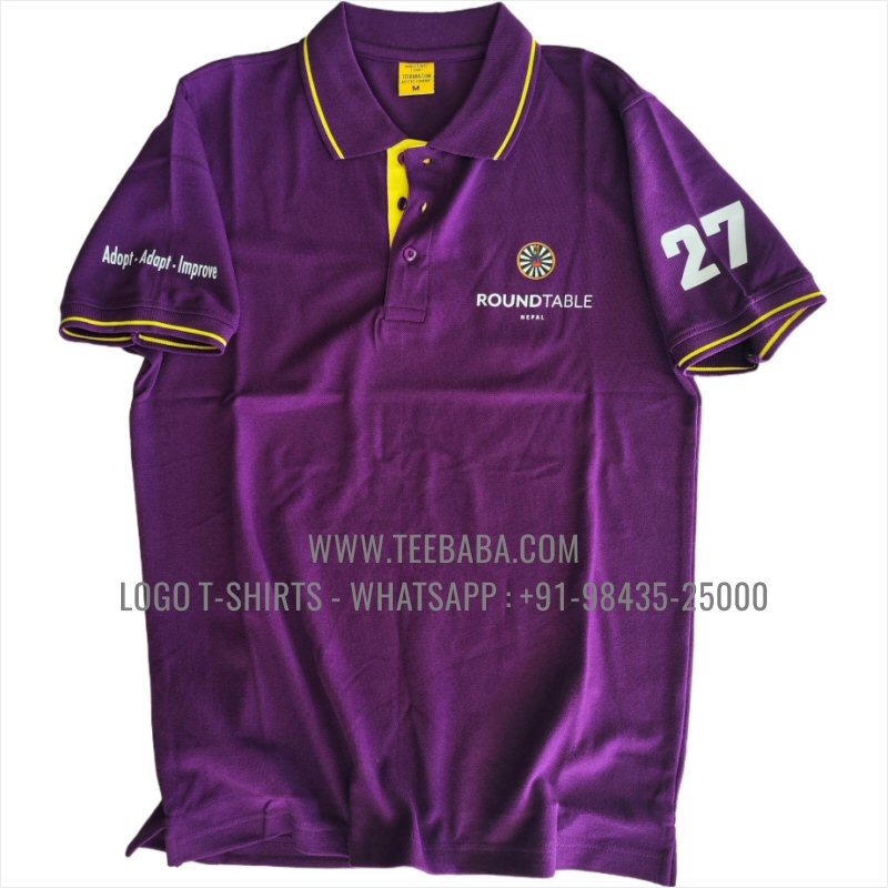 Tipping Collar Polo T-Shirt - 100% Cotton - 240 GSM Thick Pique Airtex Fabric - Logo Digital Print - Purple - Round Table Nepal