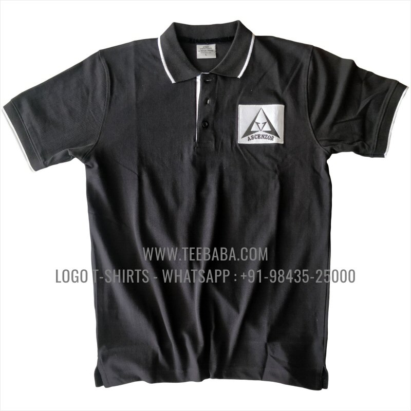 Tipping Collar Polo T-Shirt - 100% Cotton - 240 GSM Thick Pique Airtex Fabric - Logo Embroidery - Black - Ascenzor