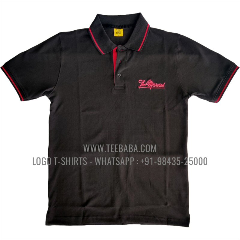 Tipping Collar Polo T-Shirt - 100% Cotton - 240 GSM Thick Pique Airtex Fabric - Logo Embroidery - Black - The Mirrored