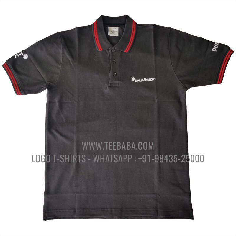 Tipping Collar Polo T-Shirt - 100% Cotton - 240 GSM Thick Pique Airtex Fabric - Logo Embroidery - Black - Tru Vision