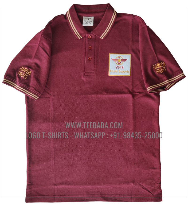 Tipping Collar Polo T-Shirt - 100% Cotton - 240 GSM Thick Pique Airtex Fabric - Logo Embroidery - Dark Maroon - VMB Fruits Exports