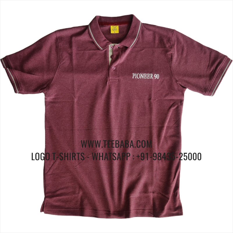 Tipping Collar Polo T-Shirt - 100% Cotton - 240 GSM Thick Pique Airtex Fabric - Logo Embroidery - Maroon Melange - Pioneer 90 Alumni