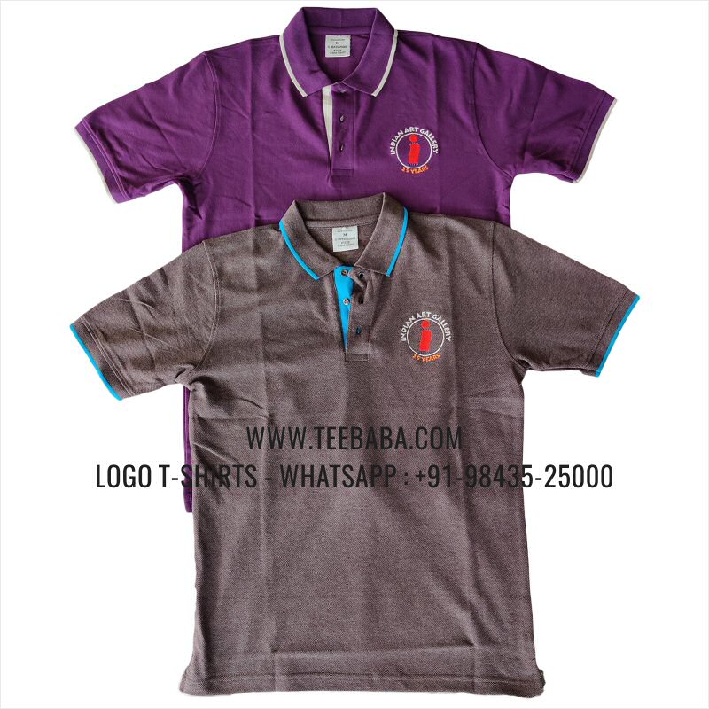 Tipping Collar Polo T-Shirt - 100% Cotton - 240 GSM Thick Pique Airtex Fabric - Logo Embroidery - Purple - Brown Melange - Indian Art Gallery